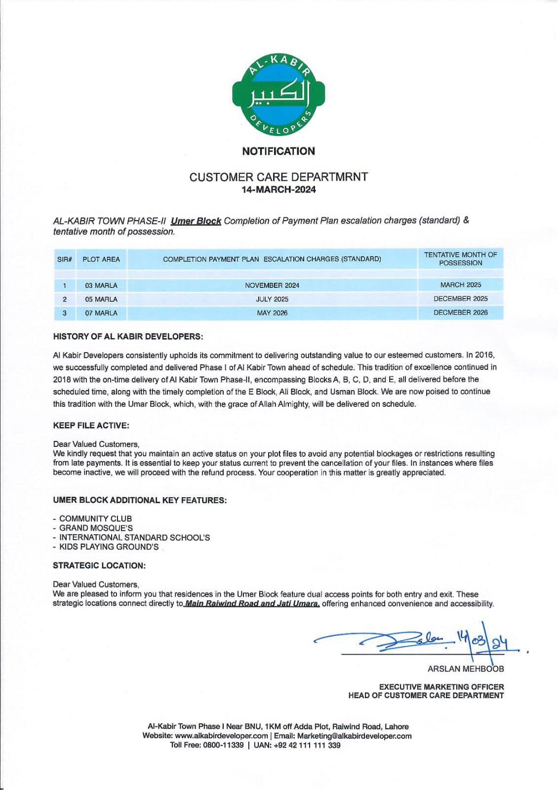 umer Block Al Kabir Town phase 2 lahore possession announced